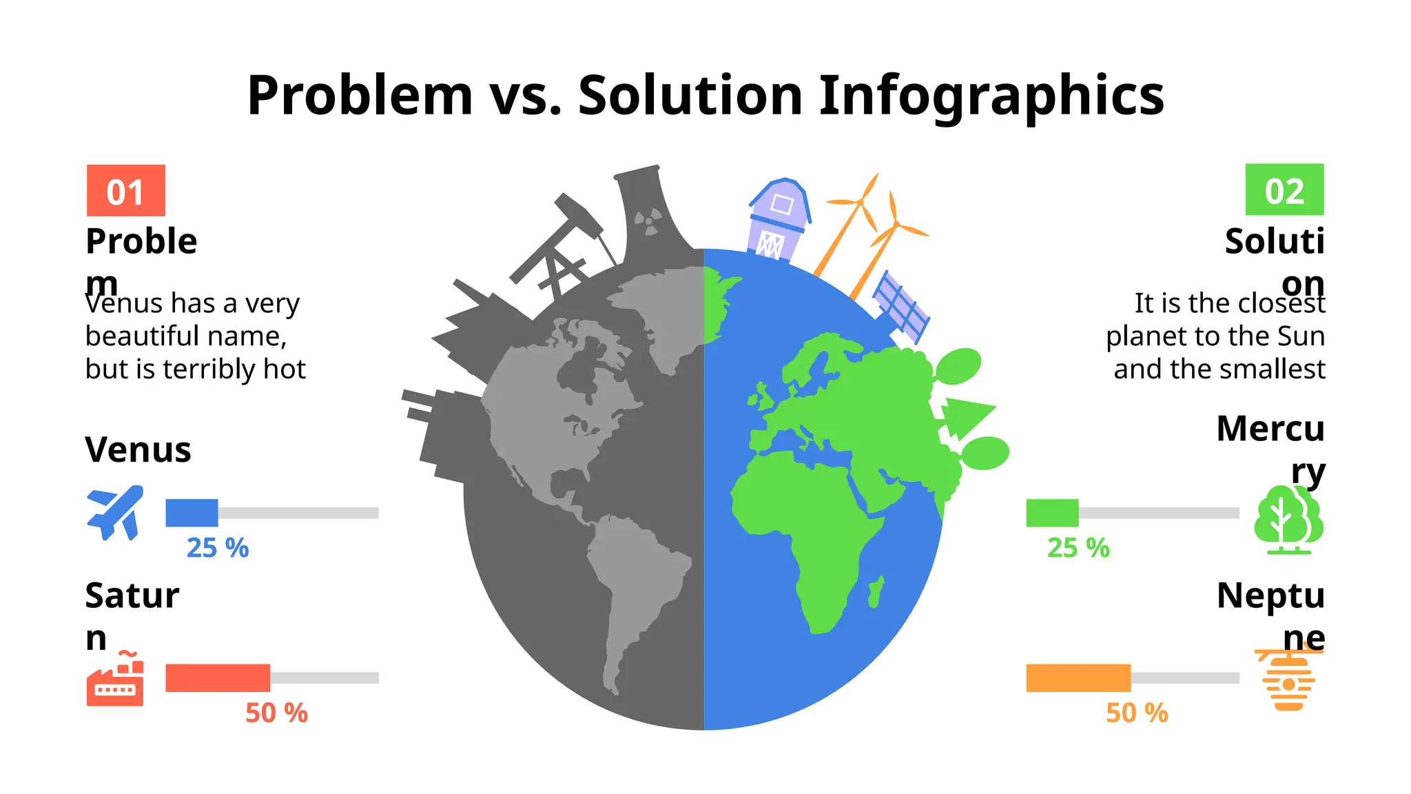 Problem vs. Solution Infographics
Proble
m
Venus has a very
beautiful name,
but is terribly hot
01
Soluti
on
It is the closest
planet to the Sun
and the smallest
02
50 %
25 %
25 %
50 %
Satur
n
Venus
Neptu
ne
Mercu
ry
 