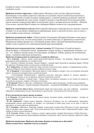 которой он пишет, что компьютер играет важную роль, но, к сожалению, люди от этого не
становятся лучше.
Проблема детского сиротства: А.Приставкин «Ночевала тучка золотая» (братья-близнецы
Кузьменыши в годы войны осиротели, мыкались по детдомам, видели человеческую жестокость,
смерть); М.Шолохов «Судьба человека» (осиротевшего , одинокого ребенка усыновляет такой же
одинокий, потерявший всю свою семью, Андрей Соколов); в годы Великой Отечественной войны
многие военные подразделения брали на воспитание детей, у которых родители погибли – В.Катаев
«Сын полка», мальчик Ваня Солнцев стал любимцем бойцов и помогал им, став разведчиком.
Проблема эгоистичности счастья: Ю.Котлярский «Наденька» (герой рассказа не замечает в мыслях
о любви, что он доставляет неприятности окружающим: кому-то наступил на ногу, кого-то задел, у
кого-то выбил из рук кошелку с овощами).
Проблема материнской любви: К.Паустовский «Телеграмма» (Катерина Петровна готова верить
рассказам Насти о том, что она сильно занята и не может навестить ее, брошенную в одиночестве.
Материнская любовь прощает все.). М.Горький, роман «Мать» (Пелагея Ниловна Власова ради
любви к сыну становится его единомышленницей, революционеркой).
Проблема места и роли искусства в жизни человека: В.Г.Короленко «Слепой музыкант»
(мальчик Ивась, от рождения слепой, завороженно слушает музыку, и окружающие понимают, что
это – его. Любовь к музыке делает его счастливым: он обретает любовь, надежду на полноценную
жизнь, становится известным музыкантом).
Проблема несправедливости социального устройства общества.
И. С. Тургенев. «Муму». Герои: немой крепостной Герасим, Татьяна – его любимая, барыня, самодурно
решающая судьбы вверенных её судьбой людей.
И. С. Тургенев. «Записки охотника». Рассказ «Бирюк»: главный герой лесничий по прозвищу Бирюк. Убогий
быт крестьян. Несправедливость социального устройства жизни.
В. Г. Короленко.» В дурном обществе». Вася, мальчик из богатой семьи, дружит с отверженными детьми, -
Валеком и Марусей. Благотворное влияние доброты на юного героя.
Н. А. Некрасов. Стихотворение «Железная дорога». Спор генерала и автора о том, кто построил железную
дорогу. Осуждение несправедливого устройства жизни.
Стихотворение «Размышления у парадного подъзда»: крестьяне пришли из дальних деревень с
прошением к вельможе, но их не приняли, прогнали. Осуждение властей.
Н С. Лесков. «Левша». Главный герой – Левша, блоху «аглицкую» подковал, но его талант не оценен по
достоинству на родине: умирает в больнице для бедных.
А М Горький. Повесть «Детство»: изображение «свинцовых мерзостей жизни». Судьба семьи ашириных.
Н. В. Гоголь. «Шинель». Акакий Акакиевич Башмачкин – «маленький ЧЕЛОВЕК», он отстаивает своё право
на мечту.
Л. Н. Толстой «После бала». Влюбленный герой после бала видит, как отец любимой руководит
избиением шпицрутенами солдата. Разделённость двух Россий – России богатой и России бедной.
В чем заключается смысл жизни человека
А. С. Пушкин. «Евгений Онегин» Поиск смысла жизни молодым героем, «лишний человек» - человек, не
привыкший трудиться.
М. Ю. Лермонтов. «Герой нашего времени». Несчастье Печорина, пол его собственному признанию,
непонимание смысла своей жизни, он говорит, что чувствовал в своей душе силы, но не знал, к чему их
приложить, не сумел найти им применения.
И А. Гончаров. «Обломов». Хороший, добрый, талантливый человек Илья Обломов не сумел преодолеть
себя, не раскрыл своих лучших черт. Отсутствие высокой цели в жизни ведёт к нравственной смерти. Даже
любовь не смогла спасти Обломова.
Л. Н. Толстой. «Война и мир». Главное в лучших героях романа -Андрее Болконском и Пьере Безухове –
стремление к нравственному самосовершенствованию, Стремление «быть вполне хорошим, приносить добро
людям.
Проблема воспитания. Проблема обучения. Какова истинная цель обучения?
Каким должен быть хороший учитель (ученик)?
5
 