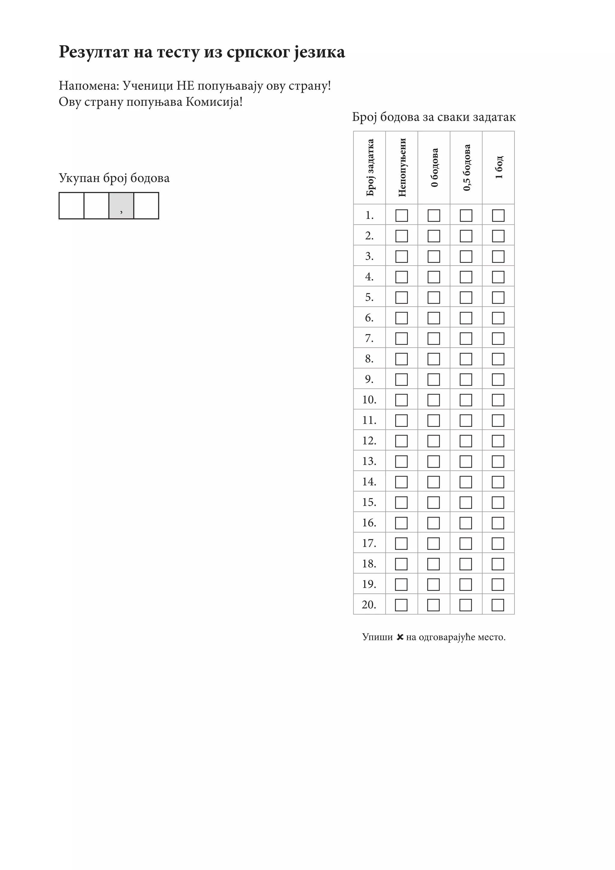 Резултат на тесту из српског језика
Напомена: Ученици НЕ попуњавају ову страну!
Ову страну попуњава Комисија!
Укупан број бодова
,
Број бодова за сваки задатак
Бројзадатка
Непопуњени
0бодова
0,5бодова
1бод
1.    
2.    
3.    
4.    
5.    
6.    
7.    
8.    
9.    
10.    
11.    
12.    
13.    
14.    
15.    
16.    
17.    
18.    
19.    
20.    
Упиши на одговарајуће место.
 