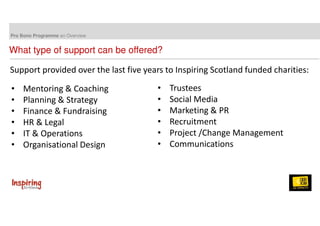 Pro Bono Programme an Overview 
What type of support can be offered? 
Support provided over the last five years to Inspiring Scotland funded charities: 
• Mentoring & Coaching 
• Planning & Strategy 
• Finance & Fundraising 
• HR & Legal 
• IT & Operations 
• Organisational Design 
• Trustees 
• Social Media 
• Marketing & PR 
• Recruitment 
• Project /Change Management 
• Communications 
 