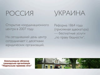 РОССИЯ                      УКРАИНА
Открытие координационного   Реформа 1864 года
центра в 2007 году.         (присяжная адвокатура)
                            — бесплатные услуги
На сегодняшний день центр   „по праву бедности“.
сотрудничает с десятками
юридических организаций.
 