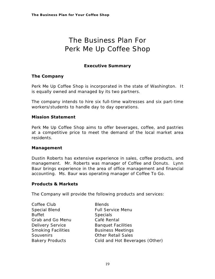 coffee shop business plan summary