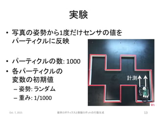 実験
• 写真の姿勢から1度だけセンサの値を
パーティクルに反映
• パーティクルの数: 1000
• 各パーティクルの
変数の初期値
– 姿勢: ランダム
– 重み: 1/1000
Oct. 7, 2015 確率ロボティクスと移動ロボットの行動生成 13
計測
 