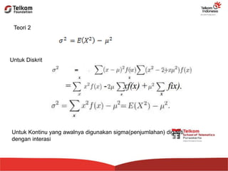 Teori 2
Untuk Diskrit
Untuk Kontinu yang awalnya digunakan sigma(penjumlahan) diganti
dengan interasi
 