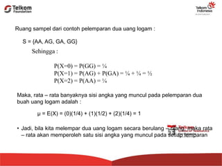 Ruang sampel dari contoh pelemparan dua uang logam :
S = {AA, AG, GA, GG}
Sehingga :
P(X=0) = P(GG) = ¼
P(X=1) = P(AG) + P(GA) = ¼ + ¼ = ½
P(X=2) = P(AA) = ¼
Maka, rata – rata banyaknya sisi angka yang muncul pada pelemparan dua
buah uang logam adalah :
μ = E(X) = (0)(1/4) + (1)(1/2) + (2)(1/4) = 1
• Jadi, bila kita melempar dua uang logam secara berulang – ulang, maka rata
– rata akan memperoleh satu sisi angka yang muncul pada setiap lemparan
 