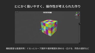 とにかく扱いやすく、操作性が考えられた作り
機能豊富な面選択例：ぐるっとループ選択や選択範囲を狭める・広げる、同色の選択など
 