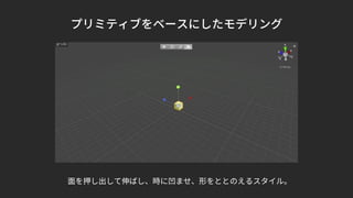 プリミティブをベースにしたモデリング
面を押し出して伸ばし、時に凹ませ、形をととのえるスタイル。
 