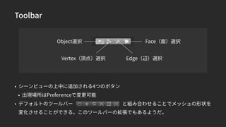 Toolbar
• シーンビューの上中に追加される4つのボタン
• 出現場所はPreferenceで変更可能
• デフォルトのツールバー　　　　　　　　　　と組み合わせることでメッシュの形状を
変化させることができる。このツールバーの拡張でもあるようだ。
Object選択
Vertex（頂点）選択 Edge（辺）選択
Face（面）選択
 