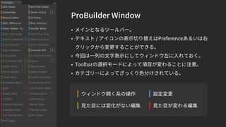 ProBuilder Window
• メインとなるツールバー。
• テキスト / アイコンの表示切り替えはPreferenceあるいは右
クリックから変更することができる。
• 今回は一列の文字表示にしてウィンドウ左に入れておく。
• Toolbarの選択モードによって項目が変わることに注意。
• カテゴリーによってざっくり色分けされている。
ウィンドウ開く系の操作
見た目には変化がない編集
設定変更
見た目が変わる編集
 