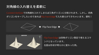 対角線の入れ替えを柔軟に
Connect Verticesで対角線を入れてしまえば三角ポリゴンに分割されます。しかし、四角
ポリゴンをキープしたいのであればFlip Face Edgeで入れ替えができちゃいます。便利！
Flip Face Edge
Flip Face Edge は四角ポリゴン限定で使えるコマ
ンドとなっています。
左図は形状が明らかに変わった例。
 