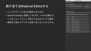 割り当てはMaterial Editorから
• ここでアサインするのが基本となります。
• Material Paletteに登録しておけば、パネルを開かな
くてもショートカットで変えられるのでとても便利。
• 面単位で他のマテリアルを割り当てることもできる。
 