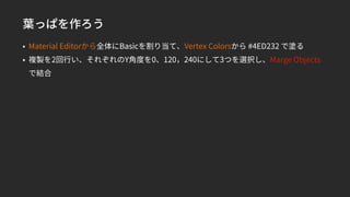 葉っぱを作ろう
• Material Editorから全体にBasicを割り当て、Vertex Colorsから #4ED232 で塗る
• 複製を2回行い、それぞれのY角度を0、120，240にして3つを選択し、Marge Objects
で結合
 
