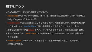 樹木を作ろう
• ProGridのグリッドに沿う機能をオフにして。
• New Shapeからシリンダーを作成。オプションはRadius 0.2 Num of Side 4 Height0.5
Height Segments 0 Smooth Oﬀ。
• Extude FacesのDistanceを0.5にしてひたすら実行。角度を変えつつ、余裕があればひ
ねりを加えつつ。Handle:Planeで面に角度調整ができるようにしておくと良い。
• 途中にShiftドラッグのExtudeを入れ、枝分かれさせてみよう。枝の先端は細く調整。
• 葉っぱの塊を作る。New ShapeでIcosphereを作り、Polubrushでちょっと変形させ、
各枝に配置。
• Material EditorでBasicマテリアルを割当て、枝を #4ED232 で塗り、葉の部分は
#2ECC40 で塗る。
 