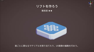 リフトを作ろう
面ごとに異なるマテリアルを割り当てたり、UV画像の編集を行おう。
難易度 ★★
 