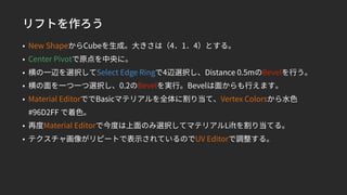 リフトを作ろう
• New ShapeからCubeを生成。大きさは（4．1．4）とする。
• Center Pivotで原点を中央に。
• 横の一辺を選択してSelect Edge Ringで4辺選択し、Distance 0.5mのBevelを行う。
• 横の面を一つ一つ選択し、0.2のBevelを実行。Bevelは面からも行えます。
• Material EditorででBasicマテリアルを全体に割り当て、Vertex Colorsから水色
#96D2FF で着色。
• 再度Material Editorで今度は上面のみ選択してマテリアルLiftを割り当てる。
• テクスチャ画像がリピートで表示されているのでUV Editorで調整する。
 