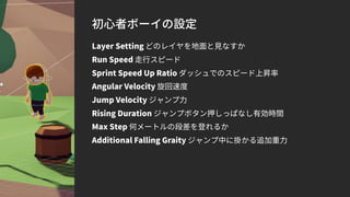 初心者ボーイの設定
Layer Setting どのレイヤを地面と見なすか
Run Speed 走行スピード
Sprint Speed Up Ratio ダッシュでのスピード上昇率
Angular Velocity 旋回速度
Jump Velocity ジャンプ力
Rising Duration ジャンプボタン押しっぱなし有効時間
Max Step 何メートルの段差を登れるか
Additional Falling Graity ジャンプ中に掛かる追加重力
 