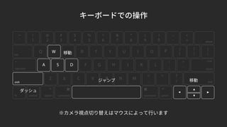 キーボードでの操作
※カメラ視点切り替えはマウスによって行います
移動
ダッシュ
移動ジャンプ
 