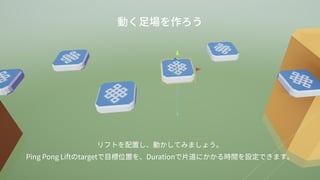 動く足場を作ろう
リフトを配置し、動かしてみましょう。
Ping Pong Liftのtargetで目標位置を、Durationで片道にかかる時間を設定できます。
 