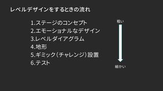 レベルデザインをするときの流れ
1.ステージのコンセプト
2.エモーショナルなデザイン
3.レベルダイアグラム
4.地形
5.ギミック（チャレンジ）設置
6.テスト
粗い
細かい
 
