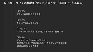 レベルデザインの構成：「覚えて」「遊んで」「応用して」「極める」
• 「覚えて」
ギミックの仕組みを覚える
• 「遊んで」
ギミックで遊んで楽しむ
• 「応用して」
プレイヤーアクションを応用してギミックに挑戦する
• 「極める」
プレイヤーがうまくなればなるほど、
達成感が比例して得られるギミックやプレイ方法を促す
何回も遊びたくなる要素
 