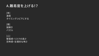A.難易度を上げる！？
[体]
速度
タイミングシビアにする
[頭]
謎解き
パズル
[心]
緊張感・リスクの高さ
恐怖感・生理的な怖さ
 
