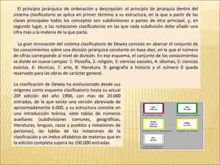 El principio jerárquico de ordenación y descripción: el principio de jerarquía dentro del
sistema clasificatorio se aplica en primer término a su estructura, en la que a partir de las
clases principales todos los conceptos son subdivisiones o partes de otro principal, y, en
segundo lugar, a las notaciones clasificatorias en las que cada subdivisión debe añadir una
cifra más a la materia de la que parta.
La gran innovación del sistema clasificatorio de Dewey consiste en abarcar el conjunto de
los conocimientos sobre una división jerárquica constante en base diez, en la que el número
de cifras corresponde al nivel de división. En ese esquema, el conjunto de los conocimientos
se divide en nueve campos: 1: filosofía, 2: religión, 3: ciencias sociales, 4: idiomas, 5: ciencias
exactas, 6: técnicas, 7: arte, 8: literatura, 9: geografía e historia y el número 0 queda
reservado para las obras de carácter general.
La clasificación de Dewey ha evolucionado desde sus
orígenes como esquema clasificatorio hasta su actual
20ª edición del año 1990, con más de 20.000
entradas, de la que existe una versión abreviada de
aproximadamente 6.000, y su estructura consiste en
una introducción teórica, siete tablas de números
auxiliares (subdivisiones comunes, geográficas,
literaturas, lenguas, razas y pueblos y notaciones de
personas), las tablas de las notaciones de la
clasificación y un índice alfabético de materias que en
la edición completa supera las 100.000 entradas.
 