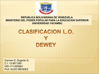 REPUBLICA BOLIVARIANA DE VENEZUELA
MINISTERIO DEL PODER POPULAR PARA LA EDUCACION SUPERIOR
UNIVERSIDAD YACAMBU
Carmen E. Dugarte G.
C.I. 13.967.089
HID-111-00086V
Prof. ALDO MENDEZ
 