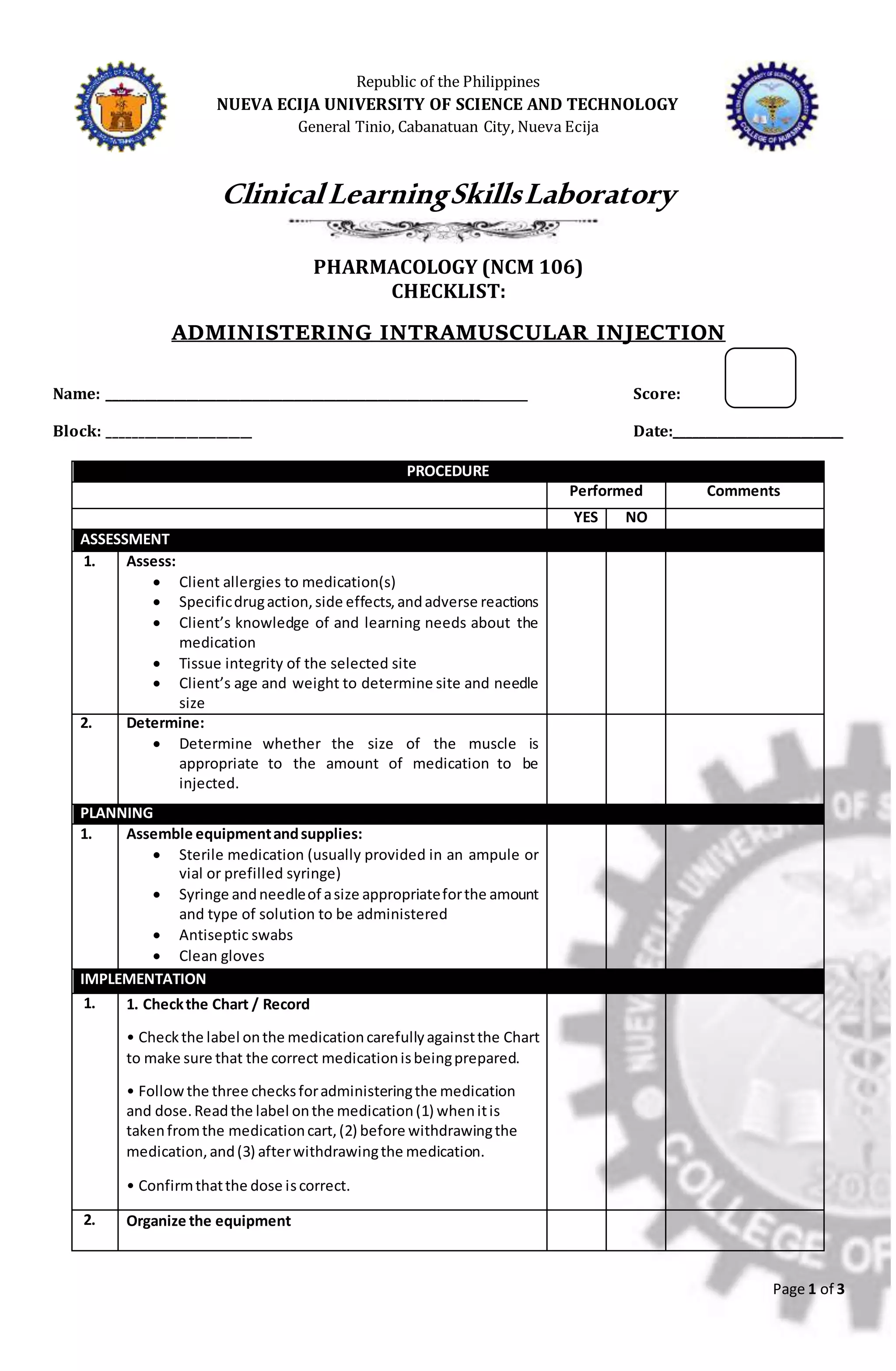 Proc. 1 pharma. skills intramuscular injection | PDF
