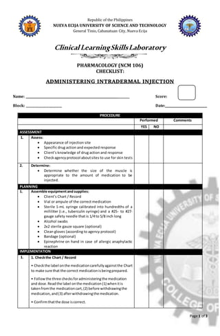 Page 1 of 3
Republic of the Philippines
NUEVA ECIJA UNIVERSITY OF SCIENCE AND TECHNOLOGY
General Tinio, Cabanatuan City, Nueva Ecija
ClinicalLearningSkillsLaboratory
PHARMACOLOGY (NCM 106)
CHECKLIST:
ADMINISTERING INTRADERMAL INJECTION
Name: ______________________________________________________________ Score:
Block: ________________________ Date:____________________________
PROCEDURE
Performed Comments
YES NO
ASSESSMENT
1. Assess:
 Appearance of injection site
 Specific drug action and expected response
 Client’s knowledge of drug action and response
 Checkagencyprotocol aboutsites to use for skin tests
2. Determine:
 Determine whether the size of the muscle is
appropriate to the amount of medication to be
injected.
PLANNING
1. Assemble equipmentandsupplies:
 Client’s Chart / Record
 Vial or ampule of the correct medication
 Sterile 1-mL syringe calibrated into hundredths of a
milliliter (i.e., tuberculin syringe) and a #25- to #27-
gauge safety needle that is 1/4 to 5/8 inch long
 Alcohol swabs
 2x2 sterile gauze square (optional)
 Clean gloves (according to agency protocol)
 Bandage (optional)
 Epinephrine on hand in case of allergic anaphylactic
reaction
IMPLEMENTATION
1. 1. Checkthe Chart / Record
• Checkthe label onthe medicationcarefullyagainstthe Chart
to make sure that the correct medicationisbeingprepared.
• Followthe three checksforadministeringthe medication
and dose.Readthe label onthe medication(1) whenitis
takenfromthe medicationcart,(2) before withdrawingthe
medication,and(3) afterwithdrawingthe medication.
• Confirmthatthe dose iscorrect.
 