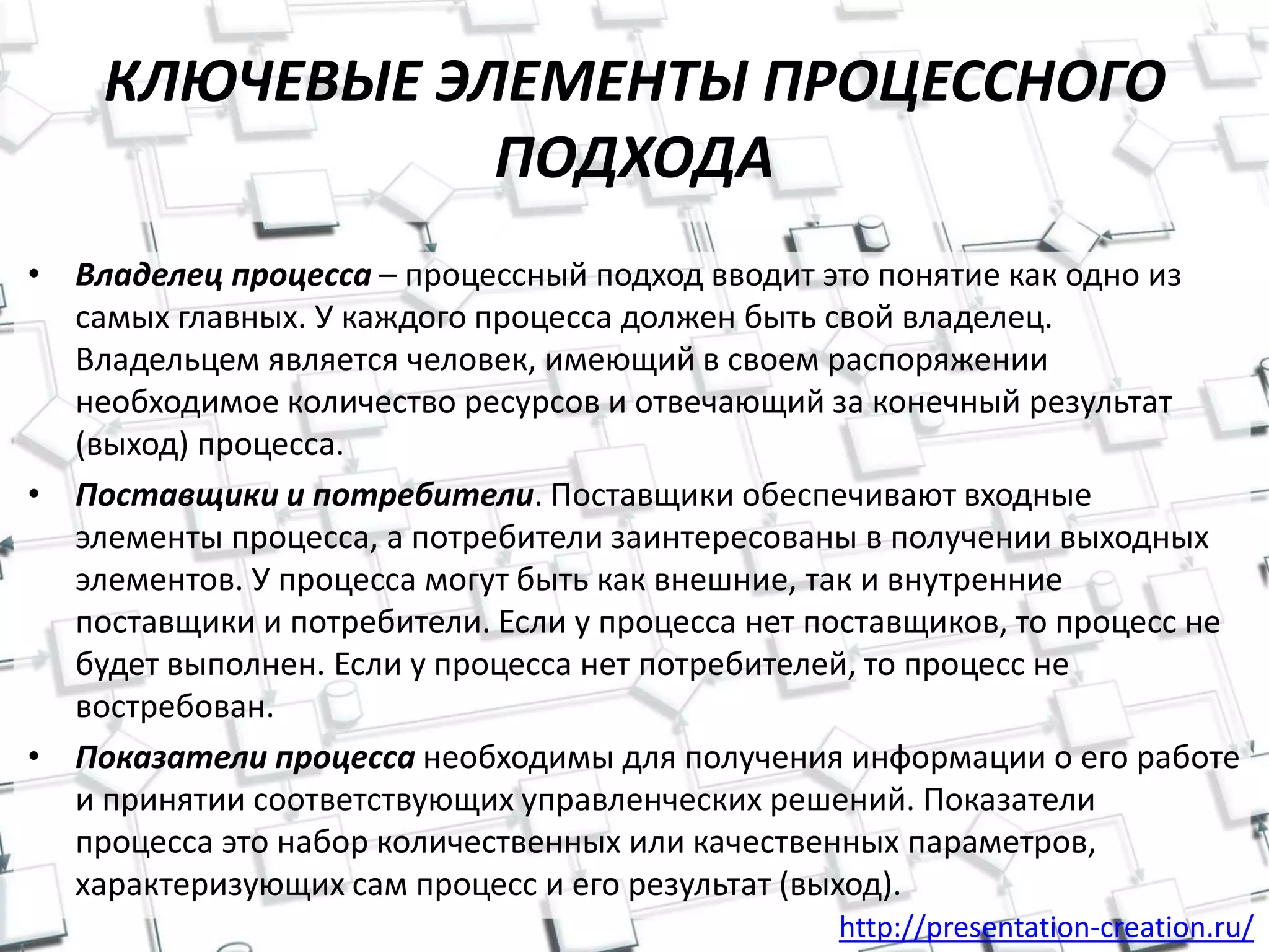 http://presentation-creation.ru/
КЛЮЧЕВЫЕ ЭЛЕМЕНТЫ ПРОЦЕССНОГО
ПОДХОДА
• Владелец процесса – процессный подход вводит это понятие как одно из
самых главных. У каждого процесса должен быть свой владелец.
Владельцем является человек, имеющий в своем распоряжении
необходимое количество ресурсов и отвечающий за конечный результат
(выход) процесса.
• Поставщики и потребители. Поставщики обеспечивают входные
элементы процесса, а потребители заинтересованы в получении выходных
элементов. У процесса могут быть как внешние, так и внутренние
поставщики и потребители. Если у процесса нет поставщиков, то процесс не
будет выполнен. Если у процесса нет потребителей, то процесс не
востребован.
• Показатели процесса необходимы для получения информации о его работе
и принятии соответствующих управленческих решений. Показатели
процесса это набор количественных или качественных параметров,
характеризующих сам процесс и его результат (выход).
 