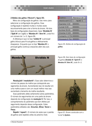 S cript L ys t m
                                                               -S e




2-Bot s dos galos ("
        õe            h      Branch " figura 05:
                                       ),
     M e nu de conf  iguração de galos : U s e m e nu para
                                         h
s e lcionar a conf
    e                iguração dos galos . Es s a
                                           h
conf  iguração é re pe t m uit e m uit v ze s
                          ida      as          as e
re curs iv e nt para criar a f a da árv . H á dois
           am      e                orm           ore
tipos de conf    iguraçõe s dis ponív is : t
                                       e     ipos " idido N"
                                                   Div
(" it N"e m ingl ) e " e m bro N"("
   Spl                ês      M               Arm N" onde N é
                                                      ),
um núm e ro de 1 a 3, f      igura 06.
     A dif re nça é q ue no t " idido N"o principal
           e                   ipo iv
galo bif
    h        urca para N s ub-galos e e f t am e nt
                                   h         e iv        e
dis apare ce . Enq uant q ue no t " e m bro N"o
                          o           ipo M                                Figu ra 05: Bot s de configu ração de
                                                                                          õe
principal h o cont
              gal        inua cre s ce ndo al dos s ub-
                                              ém                           galos .
                                                                             h
galos .
    h



                                                                           Figu ra 06: D ois tipos de configu ração
                                                                           de galos D iv
                                                                                h       idido N (" pl N" e
                                                                                                 S it )
                                                                           M e m bro N ("
                                                                                        Arm N" onde N=3.
                                                                                             ),




     Re s oluçãoV(" s ol ionV): Es s e v or de t rm ina o
                      re ut          "             al        e
núm e ro de pas s os da m ala q ue corre s ponde aos
                                h
s e gm e nt da árv . Aum e nt
            os         ore             ando is s o irá re s ul e m
                                                                tar
um a m ala s uav e com um v ual e lor m as is s o
             h       e                 is      m h
aum e nt o t anh o da m ala re s ul e .
           ará am                     h            tant
     Es s e parâm e t af t ce rt e nt out parâm e t .
                     ro e a          am      e       ros             ros
O núm e ro de s e guim e nt e m um a part da árv
                              os                     e          ore
de pe nde da conf    iguração da re s ol    ução V Por is s o, o
                                                       .
com port e nt do parâm e t q ue t m e f it por
            am     o                ro         e         e os
s e guim e nt de pe nde de s s a conf
               o                          iguração. Es t s  e
            ros e ados s ão: Encurt Afinar, T
parâm e t af t                             ar,              orce r e
Força.
     Re pe t (" pe at ): O núm e ro de v ze s q ue o padrão
             ir re      "                        e                         Figu ra 07: Árv cons t ída com o
                                                                                          ore    ru
de galos s e rá re pe t ant s do próxim o nív l
         h                ido     e                         e .            "cript L ys t m .
                                                                           s     " -S e



© Re v t Proce du ral
      is a                                                                                                         31
 