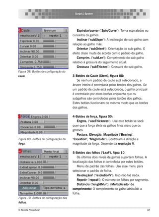 S cript L ys t m
                                                    -S e




                                             Es piral curv ("
                                                      ar/      ar Spin/Curv " T
                                                                             e ): orna e s piral
                                                                                               ados ou
                                         curv  ados os galos .
                                                             h
                                             Incl ("ubSl " A incl
                                                 inar s         ope ):      inação do s ub-galo com
                                                                                                h
                                         re lação ao galo m ãe .
                                                          h
                                             Orie nt ("ubOrie nt ): Orie nt
                                                    ar s             "        ação do s ub-galo. O
                                                                                               h
                                         e f it dis s o m uda de acordo com o padrão do galo.
                                            e o                                                   h
                                             Com prim . ("ubL n" Com prim e nt do s ub-galo
                                                             s   e ):              o                h
                                         re l iv à gros s ura do s e guim e nt at .
                                             at o                             o ual
                                             Gros s ura ("ubTh ick ns " Gros s ura do s ub-galo.
                                                           s           ):                       h
Figu ra 08: Bot s de configu ração do
               õe
cau l.
    e                                    3-Bot s do Caul (St m ), figura 08:
                                                õe         e     e
                                             Se ne nh um padrão de caul e s t s e lcionado, a
                                                                       e     á e
                                         árv int ira é cont ada pe l bot s dos galos . Se
                                             ore     e         rol     os     õe          h
                                         um padrão de caul e s t s e lcionado, o galo principal
                                                             e     á e                h
                                         é cont ado por e s t s bot s e nq uant q ue os
                                                 rol           e    õe           o
                                         s ubgalos s ão cont ados pe l bot s dos galos .
                                                 h           rol       os     õe          h
                                         Es t s bot s f
                                             e       õe uncionam do m e s m o m odo q ue os bot s
                                                                                               õe
                                         dos galos .
                                                   h

                                         4-Bot s de força, figura 09 :
                                                 õe
                                             Engros . (" e Th ick ne s s " U s e e s t bot s e v
                                                         us               ):          e    ão     ocê
                                         q ue r q ue a força af t os galos f
                                                                e e         h    inos m ais q ue os
                                         gros s os .
                                             Pos t ura, Elv
                                                          e ação, M agnit     ude (" aring"
                                                                                    Be       ,
Figu ra 09 : Bot s de configu ração da
                õe                       " e v ion" " agnit " Cont am a dire ção e
                                          El at , M              ude ):        rol
força.                                   m agnit  ude da f  orça. D e pe nde da re s ol ução V .

                                         5-Bot s das folas (" e af" figua 10
                                                 õe          h     L ),
                                              Os úl os dois nív is de galos s uport f h as . A
                                                    tim            e         h             am ol
                                         l ização das f h as é cont ada por e s t s bot s .
                                          ocal               ol           rol              e      õe
                                              M e nu de padrão das f h as : U s e e s s e m e nu para
                                                                      ol
                                         s e lcionar o padrão de f h a.
                                             e                       ol
                                              Re s ol
                                                    uçãoV(" s ol ionV): Is s o não f nada.
                                                              re ut       "               az
                                              Re pe t (" pe at ): O núm e ro de f h as por s e gm e nt
                                                     ir re      "                  ol                 o.
                                              Dis tância (" ngh t ul (M ul icador do
                                                           l
                                                           e      M "  ):      tipl
                                         com prim e nt O com prim e nt do galo at
                                                        o)                 o        h      ribuído a
                                         f h a.
                                          ol
Figu ra 10: Bot s de configu ração das
               õe
folas .
  h

© Re v t Proce du ral
      is a                                                                                              32
 