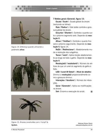 S cript L ys t m
                                                          -S e




                                                           7-Bot s ge rais (Ge ne ral figura 13:
                                                                   õe                        ),
                                                                Es cal (" e " Es cal gl
                                                                        a Scal ):             a obal árv da       ore
                                                           (e xcl uindo as f h as ).
                                                                              ol
                                                                Raio ("  Radius " Es t bot cont a a gros -
                                                                                  ):      e       ão       rol
                                                           s ura gl  obal árv .
                                                                           da      ore
                                                                Encurt (" ort n" Cont a o q uant cur-
                                                                         ar Sh e ):                 rol             o
                                                           t o próxim o s e gm e nt s e rá. D e pe nde da re s o-
                                                            o                           o
                                                           lução V    .
                                                                Afinar (" inDw n" Cont a o q uant f
                                                                          Th           ):         rol            o ino
                                                           s e rá o próxim o s e guim e nt D e pe nde da re s o-
                                                                                              o.
Figu ra 14: D ife re nça q u ando u t izando o
                                     il                    lução V f  , igura 14.
parâm e t afinar.
         ro                                                     Re Dir: (" dire cionar" Alat
                                                                           Re                ): e oriam e nt m u-  e
                                                           da a re s ol  ução dos s ubgalos .  h
                                                                Torce r ("w is t ): Apl t
                                                                          t     "        ica orção alat   e oriam e n-
                                                           t ao l
                                                            e       ongo de t  odo o galo. D e pe nde da re s o-
                                                                                            h
                                                           lução V    .
                                                                Re s ol uçãoU (" s ol ionU" Núm e ro de v
                                                                                 re ut              ):                 ér-
                                                           t s de q ue um ane l s e gm e nt do galo é
                                                            ice                         do              o          h
                                                           f it
                                                            e o.
                                                                L (" e v l De t " (Nív l de t h e )
                                                                 OD L e Of               ail  ):       e de        al
                                                           D im inui a re s ol uçãoU proporcional e nt co-m      e
                                                           m o a gros s ura dim inui.
                                                                Int raçõe s (" e rat
                                                                   e           it ions " Núm e ro de int ra-
                                                                                               ):                    e
                                                           çõe s .
                                                                Ge rar (" ne rat " Apl as m odif
                                                                          Ge        e ):       ica             icaçõe s
                                                           na árv . ore
                                                                Sair: Ence rra a e xe cução do s cript       .




Figu ra 15: Árv s cons t ídas com o "cript L
               ore      ru          s     "-
                                                                                                   Natanae l ne s Os orio
                                                                                                            Nu
S ys t m .
      e                                                                                        natanae l yah oo.com .br
                                                                                                       no@


© Re v t Proce du ral
      is a                                                                                                            34
 