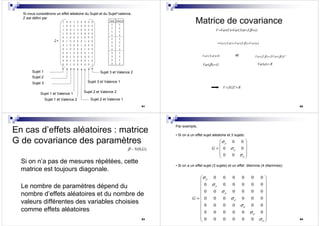 81
Si nous considérons un effet aléatoire du Sujet et du Sujet*valence,
Z est défini par
Sujet 1
Sujet 1 et Valence 1
Sujet 2
Sujet 3
Sujet 1 et Valence 2 Sujet 2 et Valence 1
Sujet 2 et Valence 2
Sujet 3 et Valence 1
Sujet 3 et Valence 2
1 0 0 1 0 0 0 0 0
1 0 0 0 1 0 0 0 0
1 0 0 1 0 0 0 0 0
1 0 0 0 1 0 0 0 0
0 1 0 0 0 1 0 0 0
Z = 0 1 0 0 0 0 1 0 0
0 1 0 0 0 1 0 0 0
0 1 0 0 0 0 1 0 0
0 0 1 0 0 0 0 1 0
0 0 1 0 0 0 0 0 1
0 0 1 0 0 0 0 1 0
0 0 1 0 0 0 0 0 1
Sujet Valence
1 1
1 2
1 1
1 2
2 1
2 2
2 1
2 2
3 1
3 2
3 1
3 2
82
Matrice de covariance
( ) ( )V Var Y Var X Z eα β= = + +
( ) ( ) ( )Var X Var Z Var eα β= + +
( ) 0Var X α = ( ) ( ) 'Var Z ZVar Zβ β=
( )Var Gβ = ( )Var e R=
'V ZGZ R= +
et
83
En cas d’effets aléatoires : matrice
G de covariance des paramètres
Si on n’a pas de mesures répétées, cette
matrice est toujours diagonale.
Le nombre de paramètres dépend du
nombre d’effets aléatoires et du nombre de
valeurs différentes des variables choisies
comme effets aléatoires
~ (0, )N Gβ
84
Par exemple,
• Si on a un effet sujet aléatoire et 3 sujets:
• Si on a un effet sujet (3 sujets) et un effet dilemme (4 dilemmes):
0 0
0 0
0 0
p
p
p
G
σ
σ
σ
 
 
=  
 
 
0 0 0 0 0 0
0 0 0 0 0 0
0 0 0 0 0 0
0 0 0 0 0 0
0 0 0 0 0 0
0 0 0 0 0 0
0 0 0 0 0 0
p
p
p
d
d
d
d
G
σ
σ
σ
σ
σ
σ
σ
 
 
 
 
 
=  
 
 
 
 
 
 