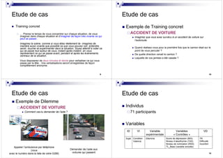 9
Etude de cas
Training concret
… Prenez le temps de vous concentrer sur chaque situation, de vous
imaginer dans chaque situation et d’imaginer de façon très vivante ce qui
peut se passer.
Imaginez la scène, comme si vous étiez réellement là– imaginez de
manière aussi vivante que possible ce que vous pouvez voir, entendre,
sentir, toucher et expérimenter dans la situation. Soyez attentif à noter ce
qui se passe tout autour de vous, instant après instant– en vous
représentant ce qui se passe avant, pendant et après les événements
centraux de la situation.
Vous disposerez de deux minutes et demie pour verbaliser ce qui vous
passe par la tête…Vos verbalisations seront enregistrées de façon
complètement anonyme.
10
Etude de cas
Exemple de Training concret
ACCIDENT DE VOITURE
Imaginez que vous avez survécu à un accident de voiture sur
l’autoroute.
Quand réalisez-vous pour la première fois que le camion était sur le
point de vous percuter ?
De quelle direction venait le camion ?
Laquelle de vos jambes a été cassée ?
11
Etude de cas
Exemple de Dilemme
ACCIDENT DE VOITURE
Comment vas-tu demander de l’aide ?
12
Etude de cas
Individus
71 participants
Variables
ID VI Variable
expérimentale
Variables
« Contrôles »
VD
Sujet Condition
Valence
Dilemme Score de dépression (BDI)
Niveau d’alexithymie (TAS)
Niveau de rumination (RSS)
TL_Base (variable simulée)
TR
Difficulté
Inconfort
 