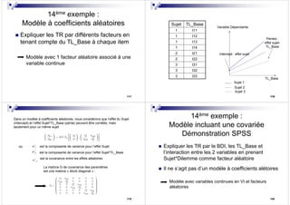 117
14ème exemple :
Modèle à coefficients aléatoires
Expliquer les TR par différents facteurs en
tenant compte du TL_Base à chaque item
Modèle avec 1 facteur aléatoire associé à une
variable continue
118118
Sujet TL_Base
1 t11
1 t12
1 t13
1 t14
2 t21
2 t22
3 t31
3 t32
3 t33
TL_Base
Variable Dépendante
Sujet 1
Sujet 2
Sujet 3
Intercept : effet sujet
Pentes :
effet sujet-
TL_Base
119
Dans un modèle à coefficients aléatoires, nous considérons que l’effet du Sujet
(intercept) et l’effet Sujet*TL_Base (pente) peuvent être corrélés, mais
seulement pour un même sujet
La matrice G de covariance des paramètres
est une matrice « block diagonal » :
2
pσ
2
ptσ
où est la composante de variance pour l’effet Sujet
2
,p ptσ
est la composante de variance pour l’effet Sujet*TL_Base
est la covariance entre les effets aléatoires
120
14ème exemple :
Modèle incluant une covariée
Démonstration SPSS
Expliquer les TR par le BDI, les TL_Base et
l’interaction entre les 2 variables en prenant
Sujet*Dilemme comme facteur aléatoire
Il ne s’agit pas d’un modèle à coefficients alétoires
Modèle avec variables continues en VI et facteurs
aléatoires
 