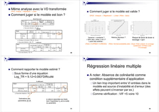 29
Même analyse avec la VD transformée
SPSS : Analyze → Regression → Linear
Comment juger si le modèle est bon ?
30
Comment juger si le modèle est valide ?
SPSS : Analyze → Regression → Linear (Plots - Save)
Variance ± constante ?
± 95% des ri entre -2 et 2 ?
1 point très extrême…
(Plots: X=ZPRED Y=ZRESID) (Plots: Normal probability plot) (Save: Prédi unstand. & Leverage
Scatter/Dot: X=Prédi unstd.
Y=Leverage)
Résidus Normaux ?
Oui!
Risque de force de levier si
leverage > 2p/n
31
Estimations des
paramètres β0+β1
p-valeurs associées aux tests
dont l’hypothèse H0 est la nullité
du paramètre
Comment rapporter le modèle estimé ?
Sous forme d’une équation
Log_TR = 9.12+0.083*Difficulté
32
Régression linéaire multiple
A noter: Absence de colinéarité comme
condition supplémentaire d’application
Un lien trop important entre VI entrées dans le
modèle est source d’instabilité et d’erreur (des
effets peuvent s’inverser par ex.)
Comme vérification : VIF <5 voire 10
 