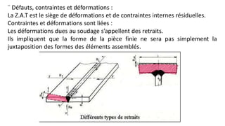 ¨ Défauts, contraintes et déformations :
La Z.A.T est le siège de déformations et de contraintes internes résiduelles.
Contraintes et déformations sont liées :
Les déformations dues au soudage s’appellent des retraits.
Ils impliquent que la forme de la pièce finie ne sera pas simplement la
juxtaposition des formes des éléments assemblés.
 