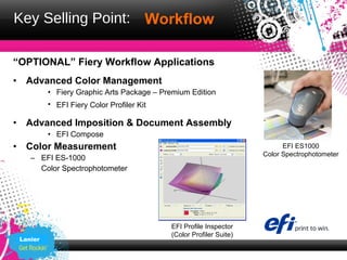 Key Selling Point: Workflow

“OPTIONAL” Fiery Workflow Applications
•    Advanced Color Management
             • Fiery Graphic Arts Package – Premium Edition
             • EFI Fiery Color Profiler Kit

•    Advanced Imposition & Document Assembly
             • EFI Compose
•    Color Measurement                                                       EFI ES1000
                                                                       Color Spectrophotometer
       – EFI ES-1000
         Color Spectrophotometer




                                              EFI Profile Inspector
                                              (Color Profiler Suite)
    Lanier
 
