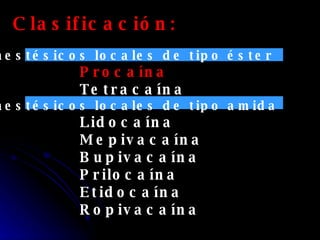 Clasificación: Anestésicos locales de tipo éster Procaína Tetracaína Anestésicos locales de tipo amida Lidocaína Mepivacaína Bupivacaína Prilocaína Etidocaína Ropivacaína 