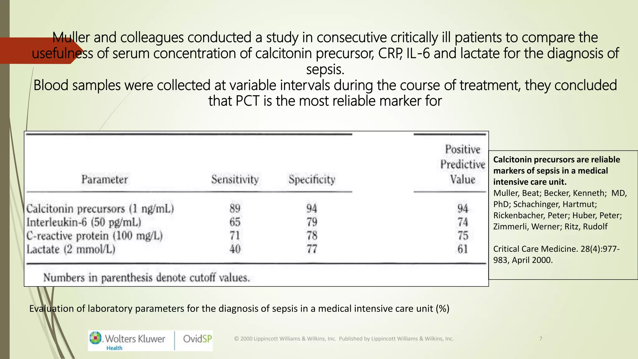 © 2000 Lippincott Williams & Wilkins, Inc. Published by Lippincott Williams & Wilkins, Inc. 7
Muller and colleagues conducted a study in consecutive critically ill patients to compare the
usefulness of serum concentration of calcitonin precursor, CRP, IL-6 and lactate for the diagnosis of
sepsis.
Blood samples were collected at variable intervals during the course of treatment, they concluded
that PCT is the most reliable marker for
Calcitonin precursors are reliable
markers of sepsis in a medical
intensive care unit.
Muller, Beat; Becker, Kenneth; MD,
PhD; Schachinger, Hartmut;
Rickenbacher, Peter; Huber, Peter;
Zimmerli, Werner; Ritz, Rudolf
Critical Care Medicine. 28(4):977-
983, April 2000.
Evaluation of laboratory parameters for the diagnosis of sepsis in a medical intensive care unit (%)
 
