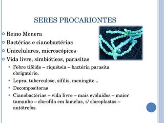 SERES PROCARIONTES Reino Monera  Bactérias e cianobactérias Unicelulares, microscópicos Vida livre, simbióticos, parasitas Febre tifóide – riquétsia – bactéria parasita obrigatório. Lepra, tuberculose, sífilis, meningite... Decompositoras Cianobactérias – vida livre – mais evoluídos – maior tamanho – clorofila em lamelas, s/ cloroplastos – autótrofos. 
