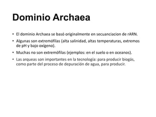 Dominio Archaea
• El dominio Archaea se basó originalmente en secuanciacion de rARN.
• Algunas son extremófilas (alta salinidad, altas temperaturas, extremos
de pH y bajo oxígeno).
• Muchas no son extremófilas (ejemplos: en el suelo o en oceanos).
• Las arqueas son importantes en la tecnología: para producir biogás,
como parte del proceso de depuración de agua, para producir.
 