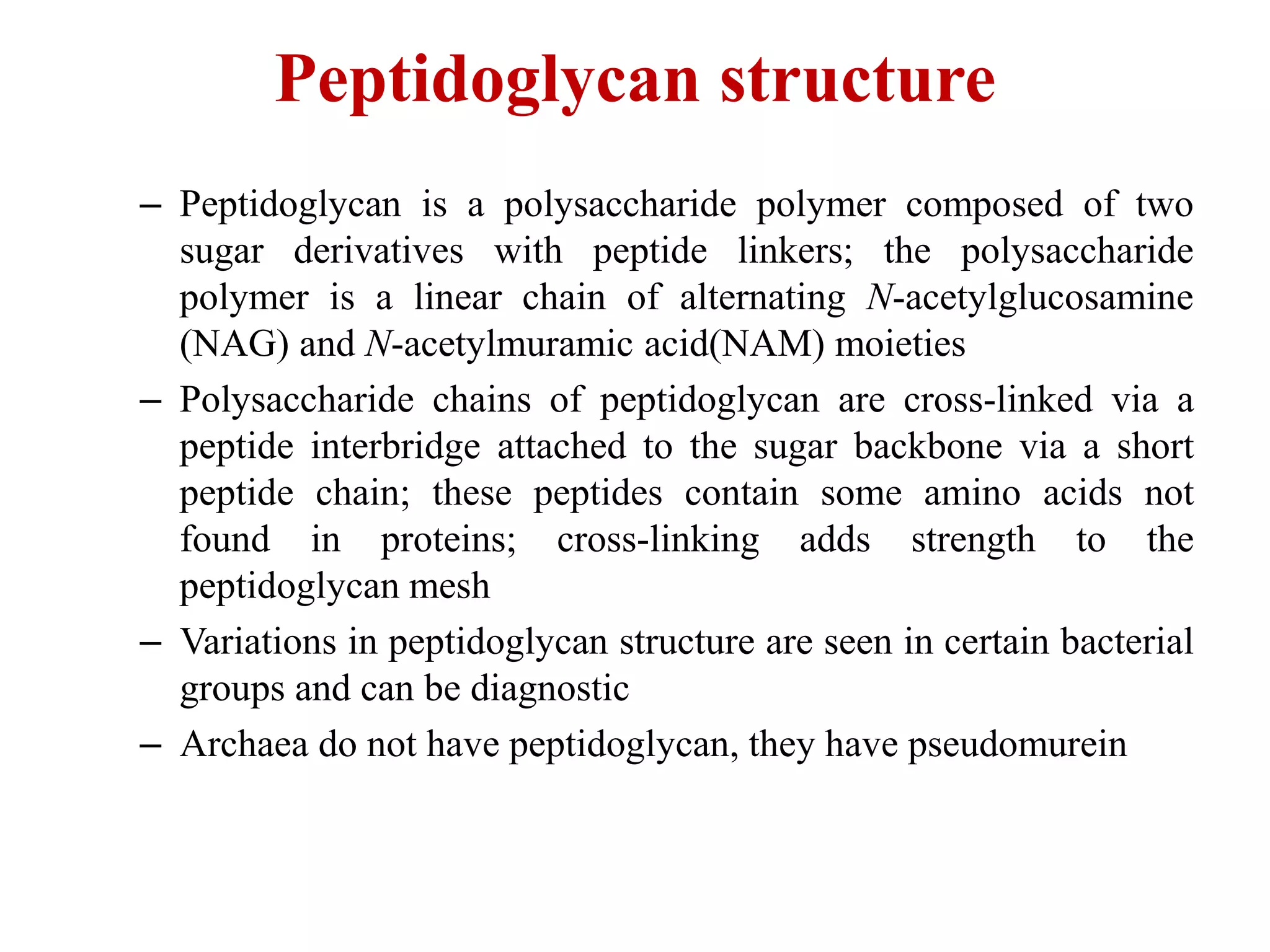 Peptidoglycan structure
– Peptidoglycan is a polysaccharide polymer composed of two
sugar derivatives with peptide linkers; the polysaccharide
polymer is a linear chain of alternating N-acetylglucosamine
(NAG) and N-acetylmuramic acid(NAM) moieties
– Polysaccharide chains of peptidoglycan are cross-linked via a
peptide interbridge attached to the sugar backbone via a short
peptide chain; these peptides contain some amino acids not
found in proteins; cross-linking adds strength to the
peptidoglycan mesh
– Variations in peptidoglycan structure are seen in certain bacterial
groups and can be diagnostic
– Archaea do not have peptidoglycan, they have pseudomurein
 