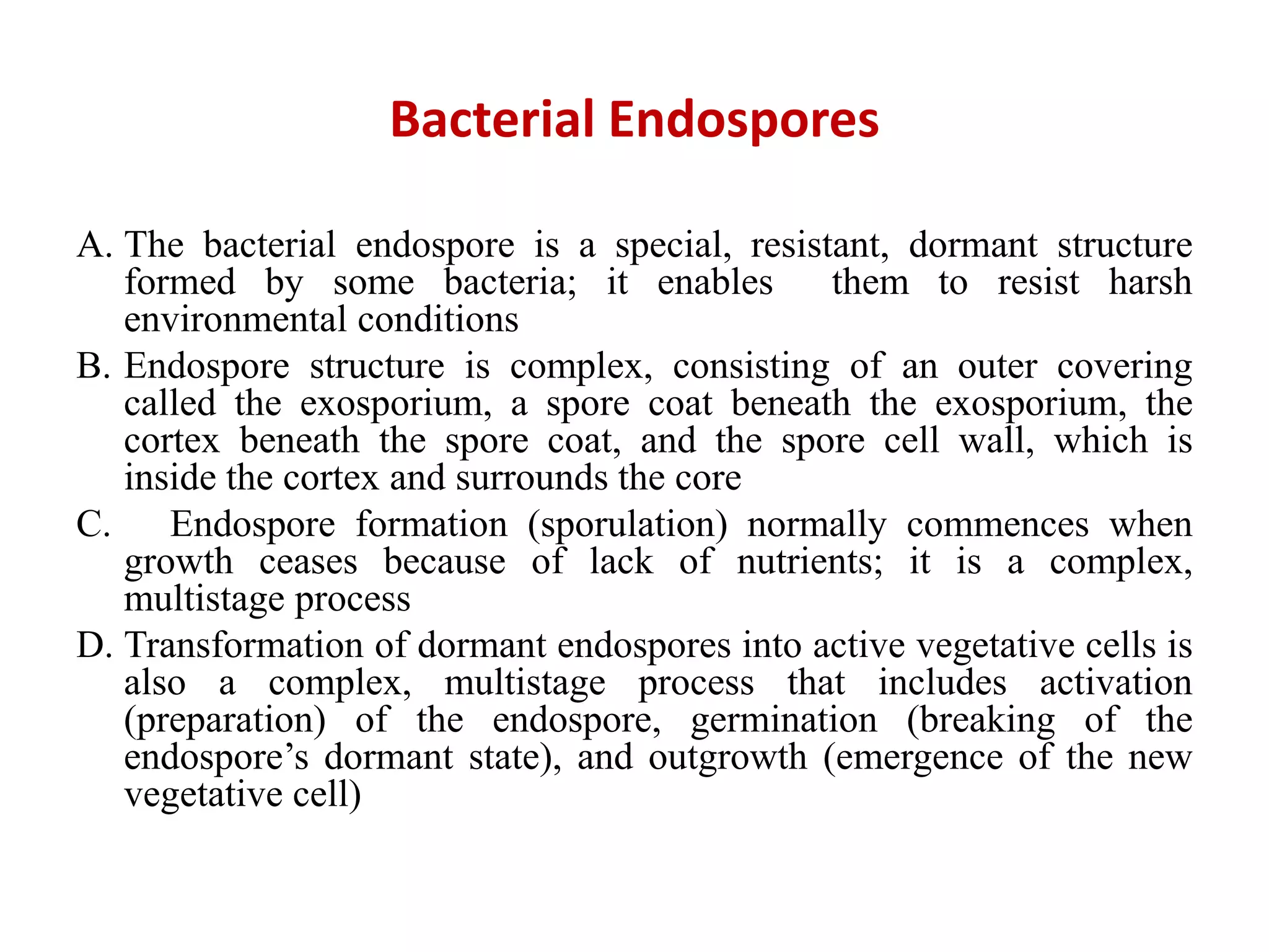 Bacterial Endospores
A. The bacterial endospore is a special, resistant, dormant structure
formed by some bacteria; it enables them to resist harsh
environmental conditions
B. Endospore structure is complex, consisting of an outer covering
called the exosporium, a spore coat beneath the exosporium, the
cortex beneath the spore coat, and the spore cell wall, which is
inside the cortex and surrounds the core
C. Endospore formation (sporulation) normally commences when
growth ceases because of lack of nutrients; it is a complex,
multistage process
D. Transformation of dormant endospores into active vegetative cells is
also a complex, multistage process that includes activation
(preparation) of the endospore, germination (breaking of the
endospore’s dormant state), and outgrowth (emergence of the new
vegetative cell)
 