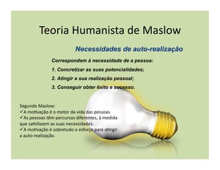 Teoria	
  Humanista	
  de	
  Maslow	
  

                      Correspondem à necessidade de a pessoa:
                      1.  Concretizar as suas potencialidades;
                      2.  Atingir a sua realização pessoal;
                      3.  Conseguir obter êxito e sucesso.


Segundo	
  Maslow:	
  
 A	
  mo+vação	
  é	
  o	
  motor	
  da	
  vida	
  das	
  pessoas.	
  
 As	
  pessoas	
  têm	
  percursos	
  diferentes,	
  à	
  medida	
  
que	
  sa+sfazem	
  as	
  suas	
  necessidades.	
  
 A	
  mo+vação	
  é	
  sobretudo	
  o	
  esforço	
  para	
  a+ngir	
  
a	
  auto-­‐realização.	
  
 