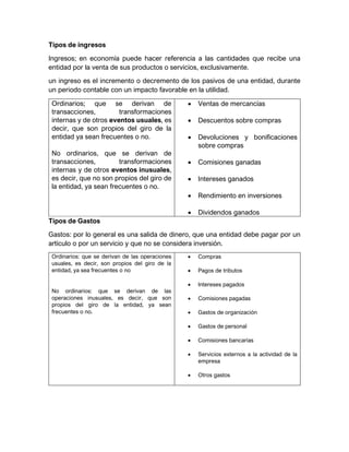 Tipos de ingresos
Ingresos; en economía puede hacer referencia a las cantidades que recibe una
entidad por la venta de sus productos o servicios, exclusivamente.
un ingreso es el incremento o decremento de los pasivos de una entidad, durante
un periodo contable con un impacto favorable en la utilidad.
Ordinarios; que se derivan de
transacciones, transformaciones
internas y de otros eventos usuales, es
decir, que son propios del giro de la
entidad ya sean frecuentes o no.
No ordinarios, que se derivan de
transacciones, transformaciones
internas y de otros eventos inusuales,
es decir, que no son propios del giro de
la entidad, ya sean frecuentes o no.
• Ventas de mercancías
• Descuentos sobre compras
• Devoluciones y bonificaciones
sobre compras
• Comisiones ganadas
• Intereses ganados
• Rendimiento en inversiones
• Dividendos ganados
Tipos de Gastos
Gastos: por lo general es una salida de dinero, que una entidad debe pagar por un
artículo o por un servicio y que no se considera inversión.
Ordinarios: que se derivan de las operaciones
usuales, es decir, son propios del giro de la
entidad, ya sea frecuentes o no
No ordinarios: que se derivan de las
operaciones inusuales, es decir, que son
propios del giro de la entidad, ya sean
frecuentes o no.
• Compras
• Pagos de tributos
• Intereses pagados
• Comisiones pagadas
• Gastos de organización
• Gastos de personal
• Comisiones bancarias
• Servicios externos a la actividad de la
empresa
• Otros gastos
 