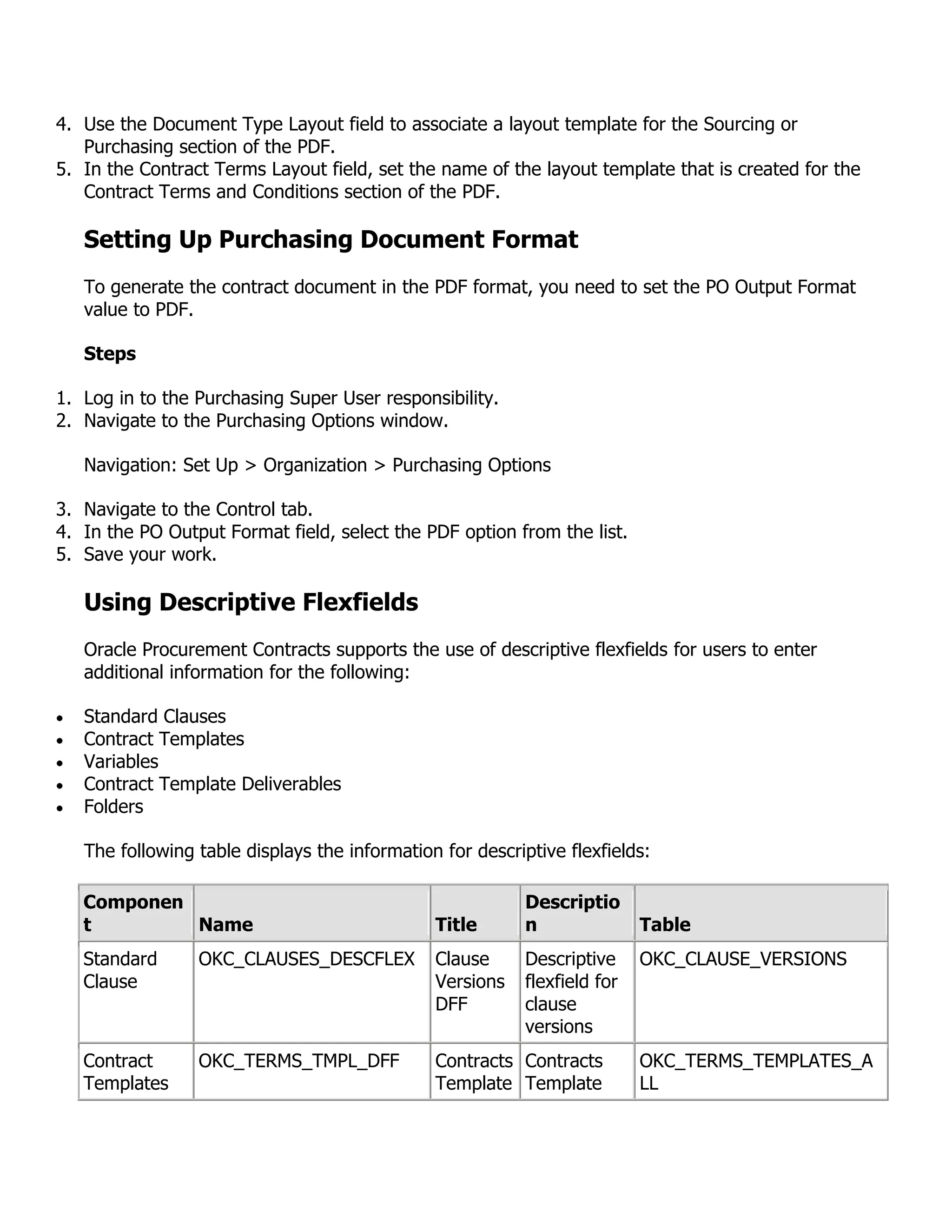 4. Use the Document Type Layout field to associate a layout template for the Sourcing or
   Purchasing section of the PDF.
5. In the Contract Terms Layout field, set the name of the layout template that is created for the
   Contract Terms and Conditions section of the PDF.

   Setting Up Purchasing Document Format
   To generate the contract document in the PDF format, you need to set the PO Output Format
   value to PDF.

   Steps

1. Log in to the Purchasing Super User responsibility.
2. Navigate to the Purchasing Options window.

   Navigation: Set Up > Organization > Purchasing Options

3. Navigate to the Control tab.
4. In the PO Output Format field, select the PDF option from the list.
5. Save your work.

   Using Descriptive Flexfields
   Oracle Procurement Contracts supports the use of descriptive flexfields for users to enter
   additional information for the following:

   Standard Clauses
   Contract Templates
   Variables
   Contract Template Deliverables
   Folders

   The following table displays the information for descriptive flexfields:

   Componen                                                Descriptio
   t        Name                               Title       n               Table
   Standard      OKC_CLAUSES_DESCFLEX          Clause      Descriptive     OKC_CLAUSE_VERSIONS
   Clause                                      Versions    flexfield for
                                               DFF         clause
                                                           versions
   Contract      OKC_TERMS_TMPL_DFF            Contracts Contracts         OKC_TERMS_TEMPLATES_A
   Templates                                   Template Template           LL
 