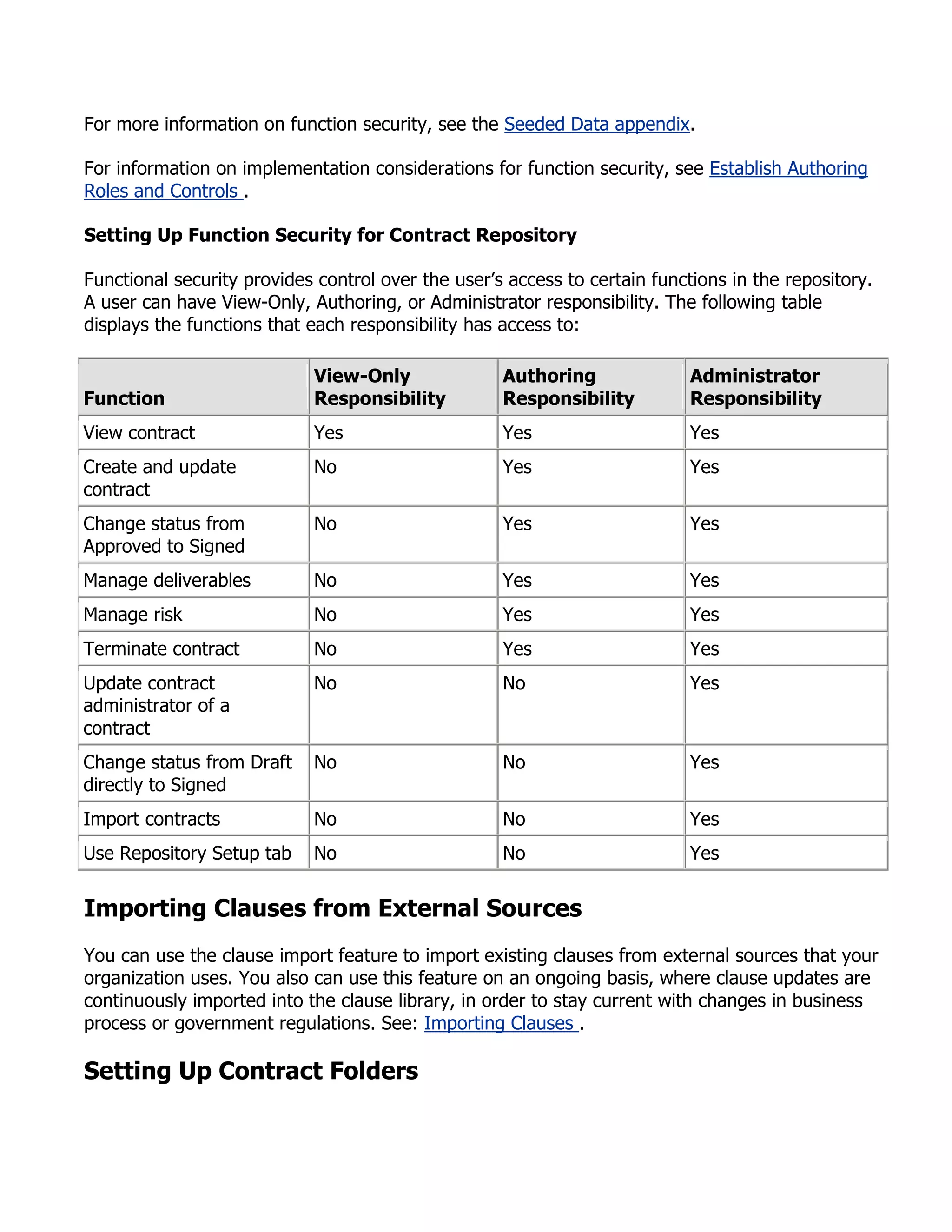 For more information on function security, see the Seeded Data appendix.

For information on implementation considerations for function security, see Establish Authoring
Roles and Controls .

Setting Up Function Security for Contract Repository

Functional security provides control over the user’s access to certain functions in the repository.
A user can have View-Only, Authoring, or Administrator responsibility. The following table
displays the functions that each responsibility has access to:

                            View-Only               Authoring               Administrator
Function                    Responsibility          Responsibility          Responsibility
View contract               Yes                     Yes                     Yes
Create and update           No                      Yes                     Yes
contract
Change status from          No                      Yes                     Yes
Approved to Signed
Manage deliverables         No                      Yes                     Yes
Manage risk                 No                      Yes                     Yes
Terminate contract          No                      Yes                     Yes
Update contract             No                      No                      Yes
administrator of a
contract
Change status from Draft    No                      No                      Yes
directly to Signed
Import contracts            No                      No                      Yes
Use Repository Setup tab    No                      No                      Yes


Importing Clauses from External Sources
You can use the clause import feature to import existing clauses from external sources that your
organization uses. You also can use this feature on an ongoing basis, where clause updates are
continuously imported into the clause library, in order to stay current with changes in business
process or government regulations. See: Importing Clauses .

Setting Up Contract Folders
 