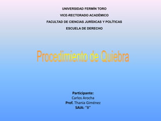 UNIVERSIDAD FERMÍN TORO
VICE-RECTORADO ACADÉMICO
FACULTAD DE CIENCIAS JURÍDICAS Y POLÍTICAS
ESCUELA DE DERECHO
Participante:
Carlos Arocha
Prof. Thania Giménez
SAIA: “B”
 